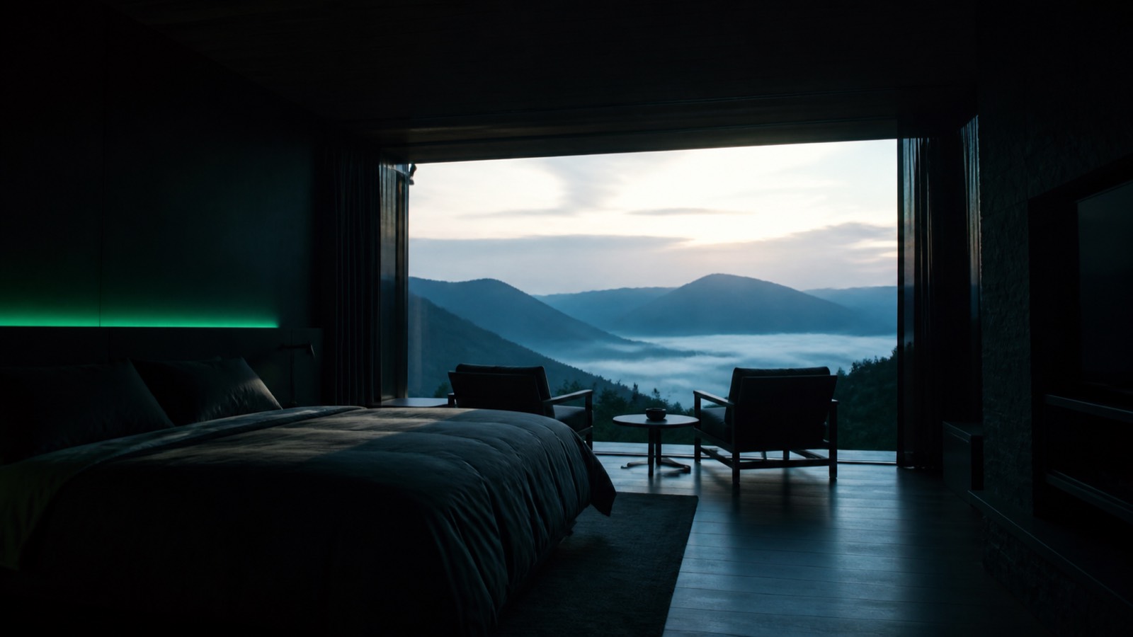 quarto de hotel com vista para o vale ao amanhecer